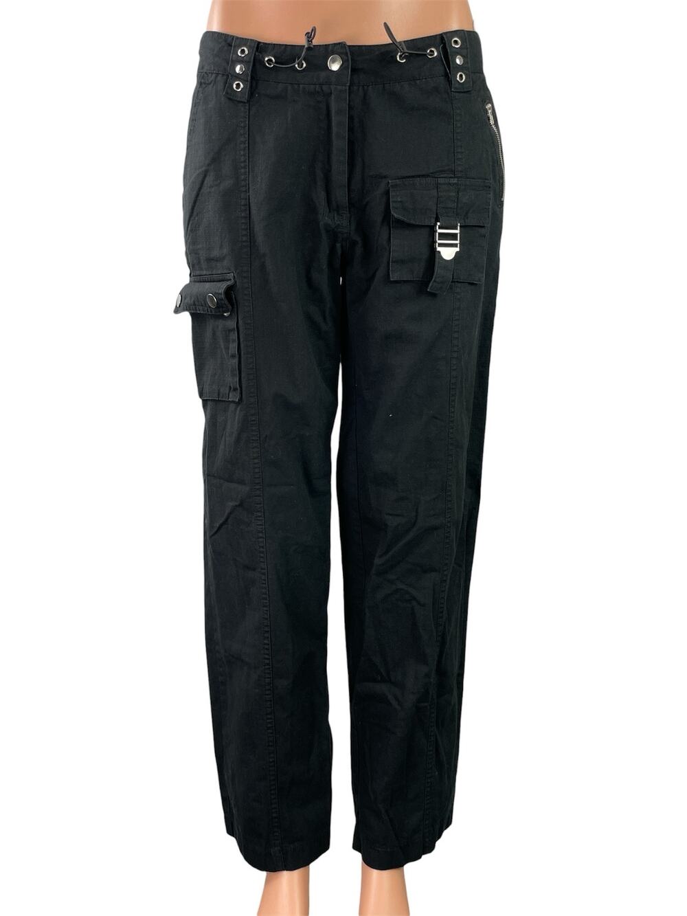 Edikted Women's Black Rivets Buckle Mid Rise Straight Leg Trousers Cargo Pants M